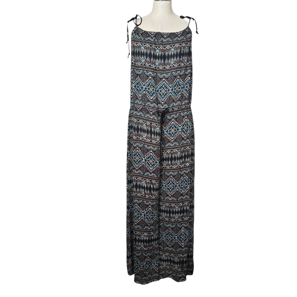 Timing Blue Brown Printed Shoulder Ties Sleeveless Jumpsuit L